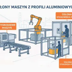 Ilustracja przedstawia **layout hali produkcyjnej** z maszynami, robotem i stanowiskami pracy, wszystko otoczone osłonami z profili aluminiowych.
