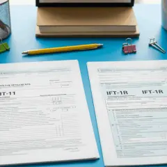 Rozliczenie obcokrajowca w Polsce: PIT-11 i formularze IFT-1R leżą na biurku obok przyborów biurowych.