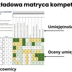 Przykładowa matryca kompetencji z ocenami umiejętności pracowników. Pokazuje, jak pracownicy radzą sobie z różnymi zadaniami.