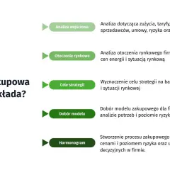 Schemat przedstawia kluczowe elementy strategii zakupowej: analizę wejściową, otoczenie rynkowe, cele, dobór modelu i harmonogram.