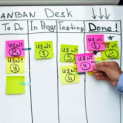 Tablica Kanban z kolorowymi karteczkami, ilustrująca zwinne metodyki zarządzania projektami. Zadania przesuwają się przez etapy: Stories, To Do, In Progress, Testing, Done.