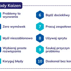 Zasady Kaizen: problemy to wyzwania, zero wymówek, myśl nieszablonowo, wybieraj proste rozwiązania, koryguj błędy, bądź dociekliwy, pracuj zespołowo, używaj sprytu, szukaj przyczyn problemu, doskonal bez końca.
