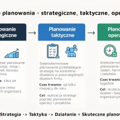 Schemat przedstawia rodzaje planowania: strategiczne, taktyczne i operacyjne. Każdy poziom ma inne cele strategiczne, taktyczne i operacyjne.