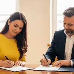 Kobieta i mężczyzna podpisują dokumenty. Rozważasz pracę za granicą, ale masz też umowę zlecenie w Polsce? To ważna decyzja.