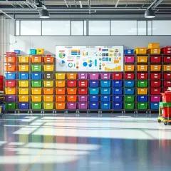Kolorowe pojemniki na hali produkcyjnej, idealne do organizacji pracy. 5s na hali produkcyjnej.