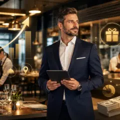 Kierownik restauracji analizuje wykresy wzrostu i stosy pieniędzy, planując przyszłe zarobki.