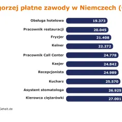 Najlepiej płatne zawody w Niemczech (€): kierowca ciężarówki (27.001€), asystent stomatologa (26.925€), kucharz (25.570€).