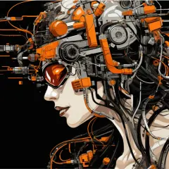 Cyberpunkowa kobieta z pomarańczowymi elementami mechanicznymi i okablowaniem.