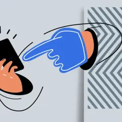 Ręka trzyma smartfon, z którego wypadają monety. Niebieski palec wskazuje na ekran, symbolizując szybkie i proste nofluff jobs.