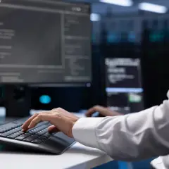 Programista w białej koszuli pracuje przy komputerze w serwerowni. Rozwój oprogramowania to kluczowy element branży usługowej.