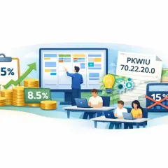 PKWIU programista analizuje dane finansowe, rosnące wykresy i stosy monet. Zespół pracuje nad projektem.