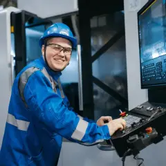 Uśmiechnięty pracownik w niebieskim kombinezonie i kasku obsługuje panel sterowania maszyny. Zastanawia się, ilu pracowników może mieć brygadzista.