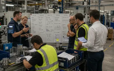 Zespół analizuje dane produkcyjne, omawiając chronometraż pracy i wskaźniki KPI przy tablicy.