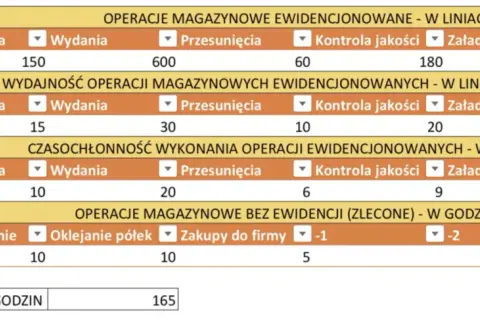 Tabela z danymi pracownika Jana Kowalskiego, pokazująca jego wyniki w różnych operacjach magazynowych. Wyniki te mogą być podstawą do przyznania premii pracownikom.