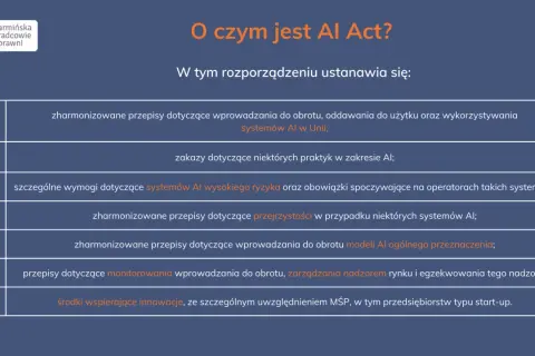 AI Act reguluje systemy AI, ich wprowadzanie, ryzyko, przejrzystość i nadzór, wspierając innowacje.