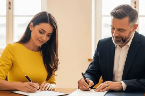 Kobieta i mężczyzna podpisują dokumenty. Rozważasz pracę za granicą, ale masz też umowę zlecenie w Polsce? To ważna decyzja.