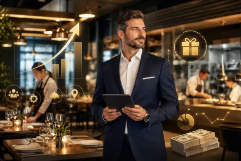 Kierownik restauracji analizuje wykresy wzrostu i stosy pieniędzy, planując przyszłe zarobki.