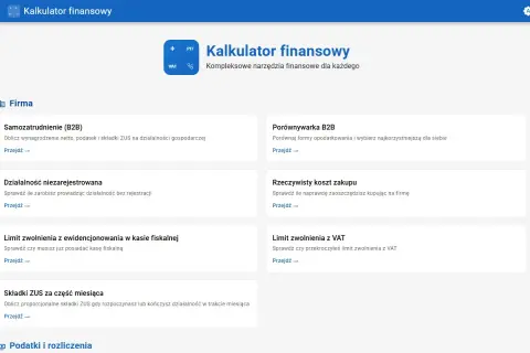 Kalkulator finansowy: oblicz b2b zarobki, porównaj formy opodatkowania, sprawdź koszty zakupu i limity VAT.