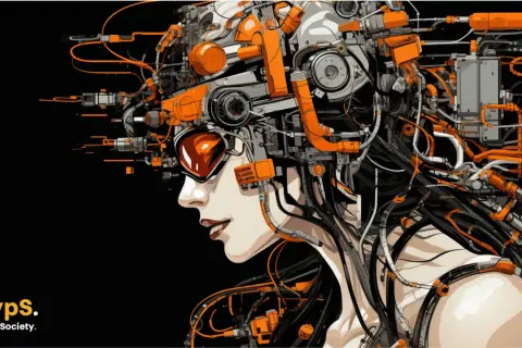 Cyberpunkowa kobieta z pomarańczowymi elementami mechanicznymi i okablowaniem.
