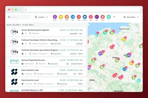 Przegląd ofert pracy: senior developer zarobki od 21 840 do 32 760 PLN/h. Widoczne oferty dla Java, Python, .NET.