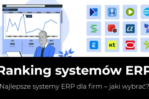 Ranking najpopularniejszych systemów ERP. Grafika przedstawia wykresy i ikony znanych rozwiązań, pomagając wybrać najlepsze dla firmy.