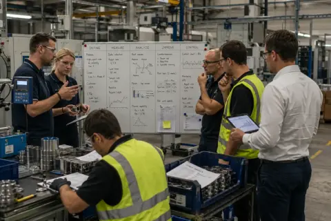 Zespół analizuje dane produkcyjne, omawiając chronometraż pracy i wskaźniki KPI przy tablicy.