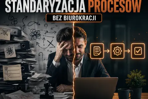 Mężczyzna zrezygnowany przy stosie dokumentów, obok schematyczny proces. Standaryzacja pracy to klucz do sukcesu.