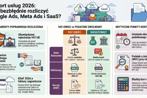 Rozliczenie usług zagranicznych (Google Ads, Meta Ads, SaaS) wymaga rejestracji VAT-UE i mechanizmu odwrotnego obciążenia. Kluczowe są terminy i kursy walut.