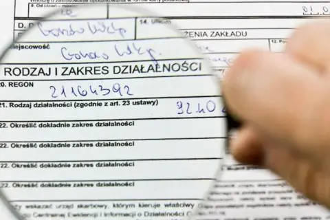 Formularz podatkowy z lupą. Analiza podatek liniowy a VAT, wpisany REGON i rodzaj działalności.
