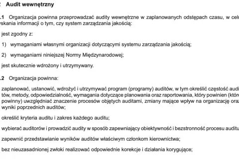 Przykładowe pytania audytowe dotyczące zgodności systemu zarządzania jakością z normami i jego skuteczności.