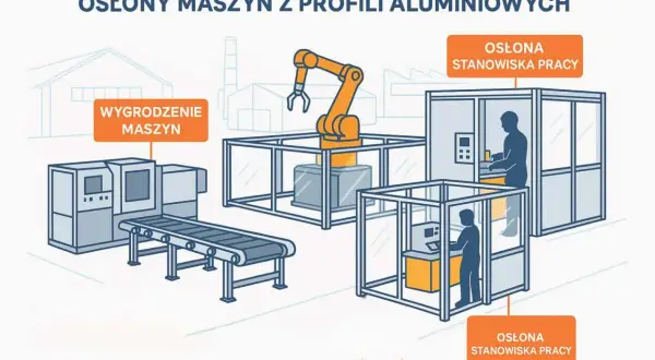 Ilustracja przedstawia **layout hali produkcyjnej** z maszynami, robotem i stanowiskami pracy, wszystko otoczone osłonami z profili aluminiowych.