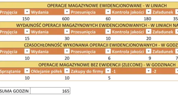 Tabela z danymi pracownika Jana Kowalskiego, pokazująca jego wyniki w różnych operacjach magazynowych. Wyniki te mogą być podstawą do przyznania premii pracownikom.