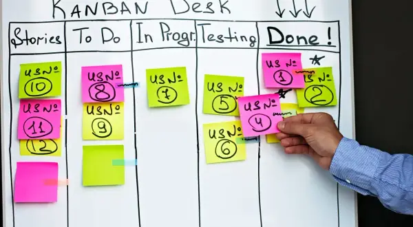 Tablica Kanban z kolorowymi karteczkami, ilustrująca zwinne metodyki zarządzania projektami. Zadania przesuwają się przez etapy: Stories, To Do, In Progress, Testing, Done.
