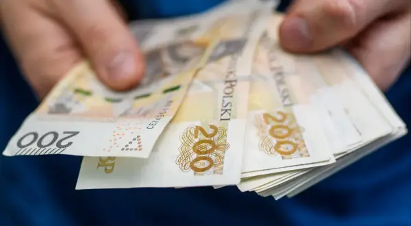 Dłonie trzymające stos banknotów 200 zł. Tak wyglądają zarobki w zawodach, które dużo zarabiają.