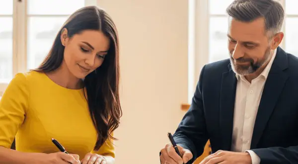 Kobieta i mężczyzna podpisują dokumenty. Rozważasz pracę za granicą, ale masz też umowę zlecenie w Polsce? To ważna decyzja.
