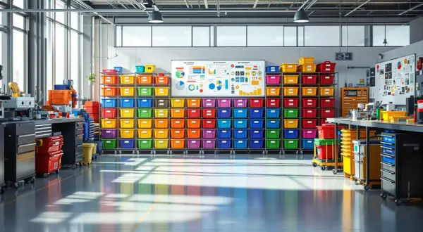 Kolorowe pojemniki na hali produkcyjnej, idealne do organizacji pracy. 5s na hali produkcyjnej.