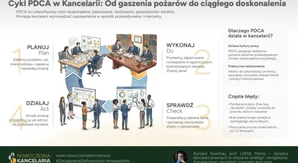 Cykl PDCA w kancelarii: planuj, wykonaj, sprawdź, działaj. To rytm doskonalenia, który pomaga usprawniać procesy, zamiast gasić pożary.