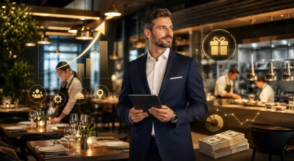 Kierownik restauracji analizuje wykresy wzrostu i stosy pieniędzy, planując przyszłe zarobki.