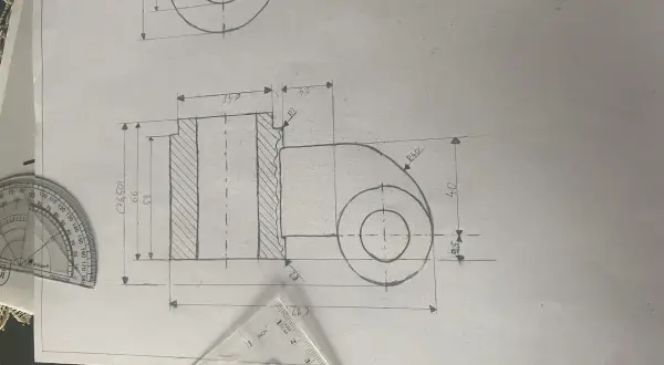 Rysunki techniczne przedstawiające detale mechaniczne z wymiarami. Widoczne są przekroje i rzuty.