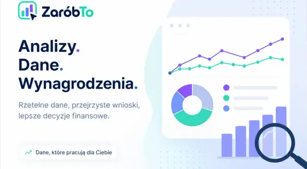 Analizy, dane i wynagrodzenia. Wykresy, diagramy i lupa wskazują na analizę danych, w tym medianę wynagrodzeń, dla lepszych decyzji finansowych.