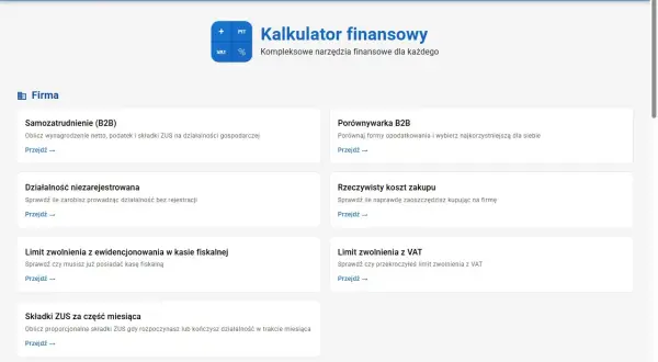 Kalkulator finansowy: oblicz b2b zarobki, porównaj formy opodatkowania, sprawdź koszty zakupu i limity VAT.
