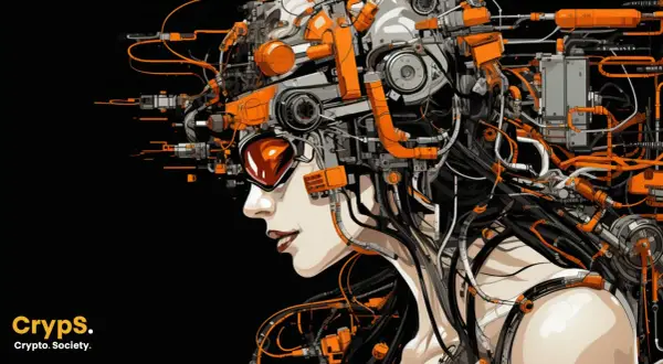 Cyberpunkowa kobieta z pomarańczowymi elementami mechanicznymi i okablowaniem.