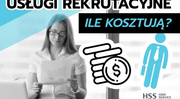 Kobieta analizuje wykresy, obok ikony pieniędzy i pracownika. Rekrutacja dla każdej wielkości firmy.