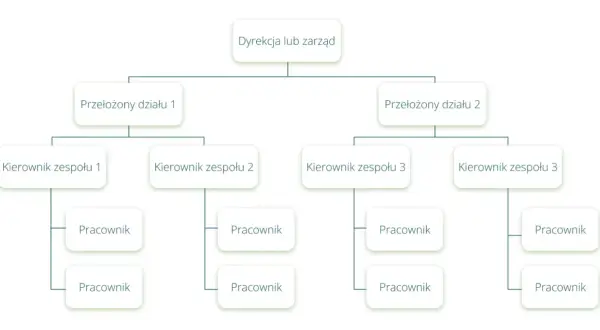 Schemat przedstawia strukturę firmy produkcyjnej: Dyrekcja, przełożeni działów, kierownicy zespołów i pracownicy.