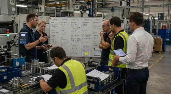 Zespół analizuje dane produkcyjne, omawiając chronometraż pracy i wskaźniki KPI przy tablicy.