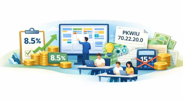 PKWIU programista analizuje dane finansowe, rosnące wykresy i stosy monet. Zespół pracuje nad projektem.