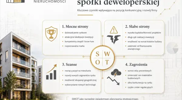 Podsumowanie analizy SWOT Metis Group: mocne strony, słabe strony, szanse i zagrożenia dla spółki deweloperskiej.