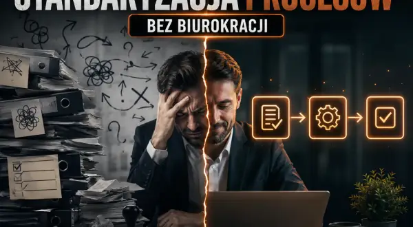 Mężczyzna zrezygnowany przy stosie dokumentów, obok schematyczny proces. Standaryzacja pracy to klucz do sukcesu.