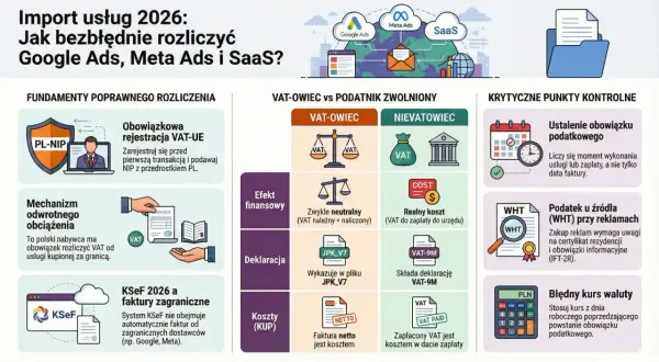 Rozliczenie usług zagranicznych (Google Ads, Meta Ads, SaaS) wymaga rejestracji VAT-UE i mechanizmu odwrotnego obciążenia. Kluczowe są terminy i kursy walut.
