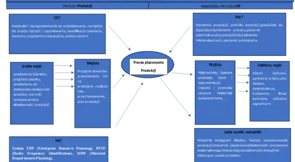 Diagram żółwia dla procesu produkcji. Metoda żółwia pokazuje wejścia, wyjścia, zasoby i wskaźniki.